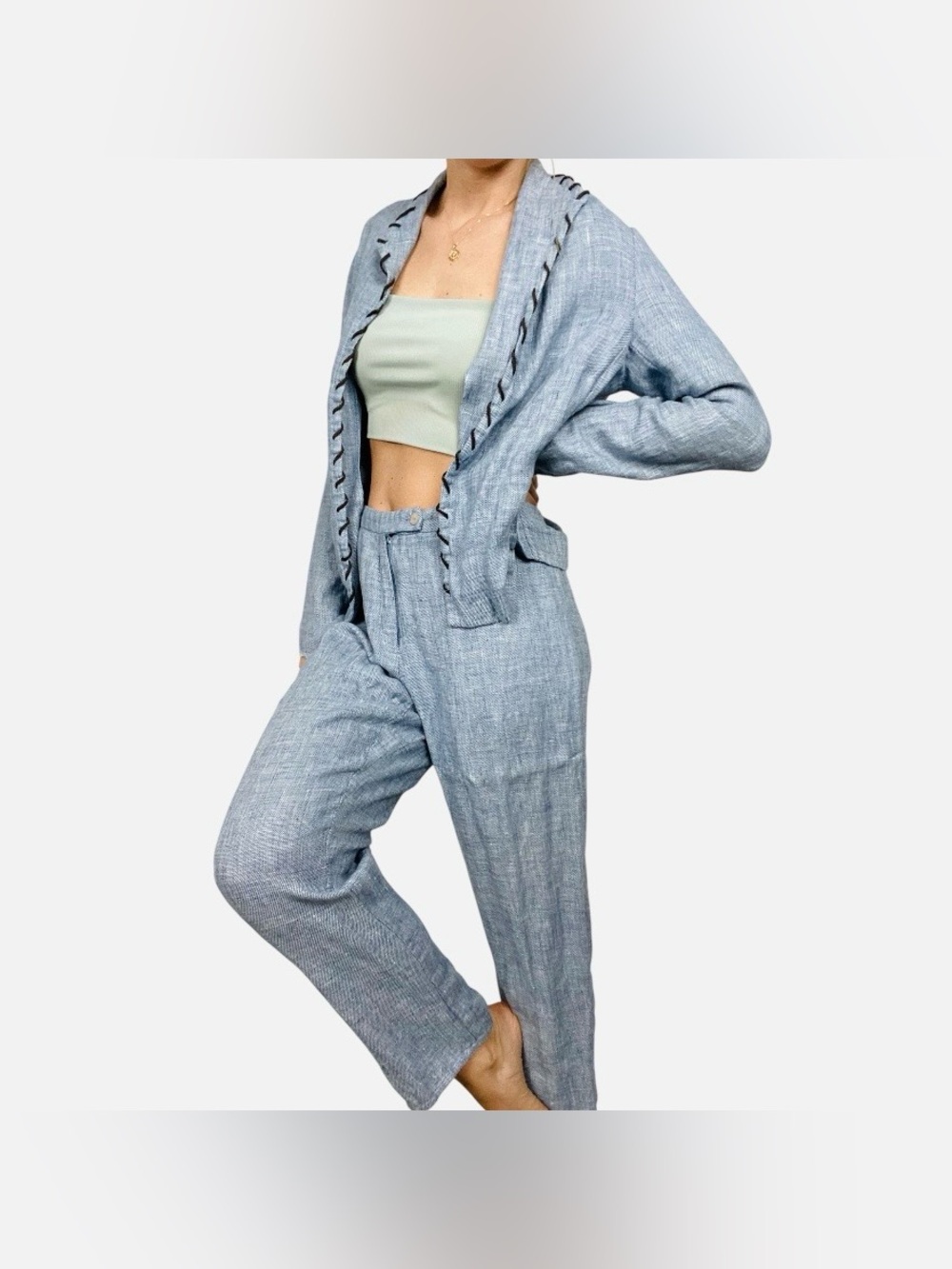 Nouveaux Blue Textured Zig Zag Contrast 100% Linen 2-Piece Pant Suit Set
